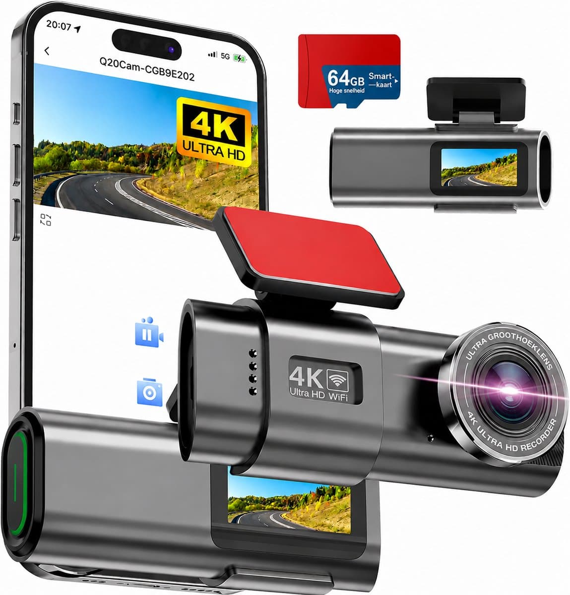 Dashcam Voor Auto – 4K + 1080P Dual Dashcam – Voor- en Achtercamera – WiFi – GPS – Nachtzicht – 170° Groothoek – Parkeermodus – G-Sensor – 64GB SD-kaart Inclusief — afbeelding 1