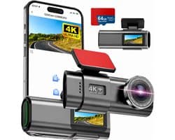 Dashcam Voor Auto – 4K + 1080P Dual Dashcam – Voor- en Achtercamera – WiFi – GPS – Nachtzicht – 170° Groothoek – Parkeermodus – G-Sensor – 64GB SD-kaart Inclusief