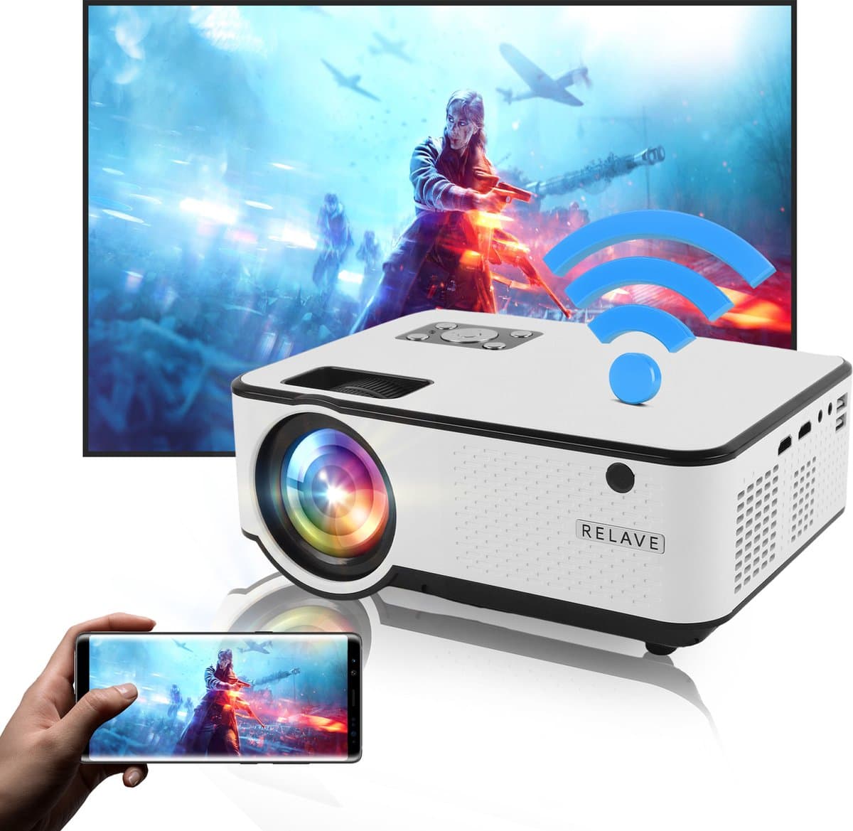 Relave - Input tot Full HD Beamer - 6500 Lumens - Mini Projector - Streamen met Telefoon Via Wifi - met afstandsbediening - Inclusief Projectiescherm — afbeelding 1