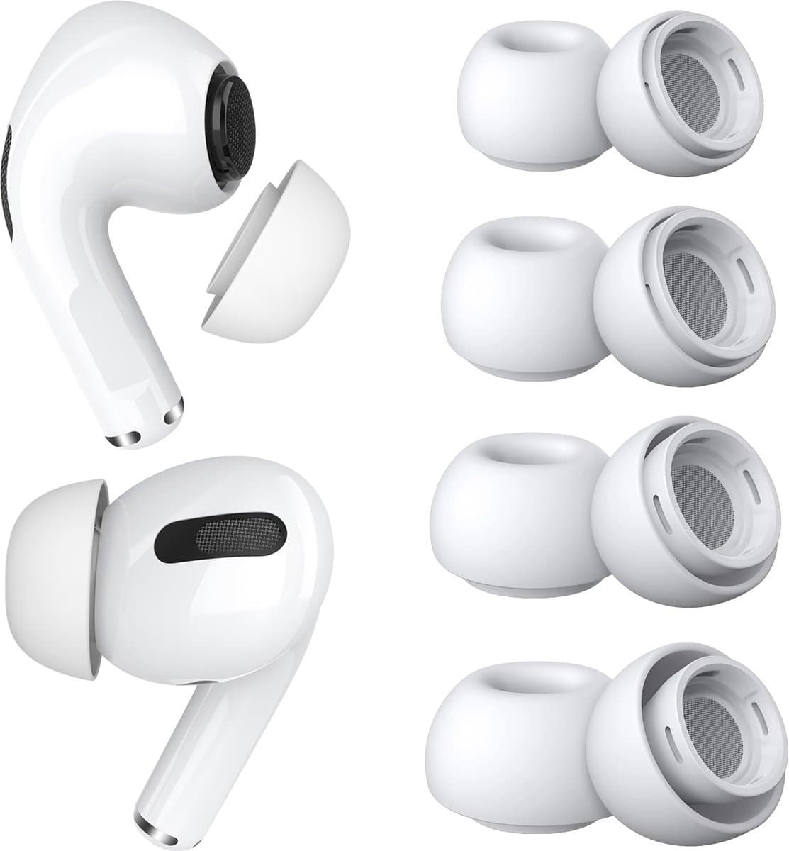 MMOBIEL 4 Paar Vervangende Oordopjes Tips Geschikt voor AirPods Pro Gen 1 & 2 - Antislip Siliconen Oordopjes met Ruisonderdrukkingsgat, Draagbare Opbergdoos en Passen in Oplaadcase – XS/S/M/L – Wit — afbeelding 1