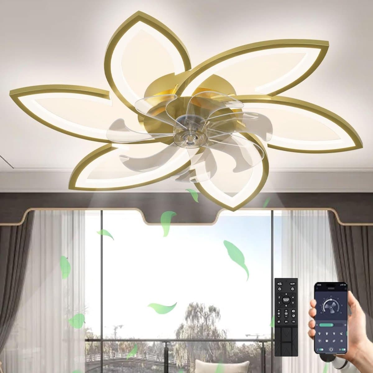6 Lotus Plafondlamp - Met Ventilator - Goud - Met Afstandsbediening - Smart lamp - Dimbaar Met App - 6 Standen Ventilator - Woonkamerlamp - Moderne lamp - Plafoniere — afbeelding 1