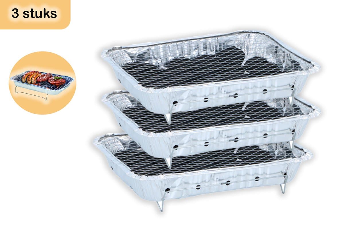 Wegwerpbarbecue 3 stuks – Instant BBQ met 600g Houtskool – Gebruiksklaar voor Camping, Vakantie en Picknick — afbeelding 1