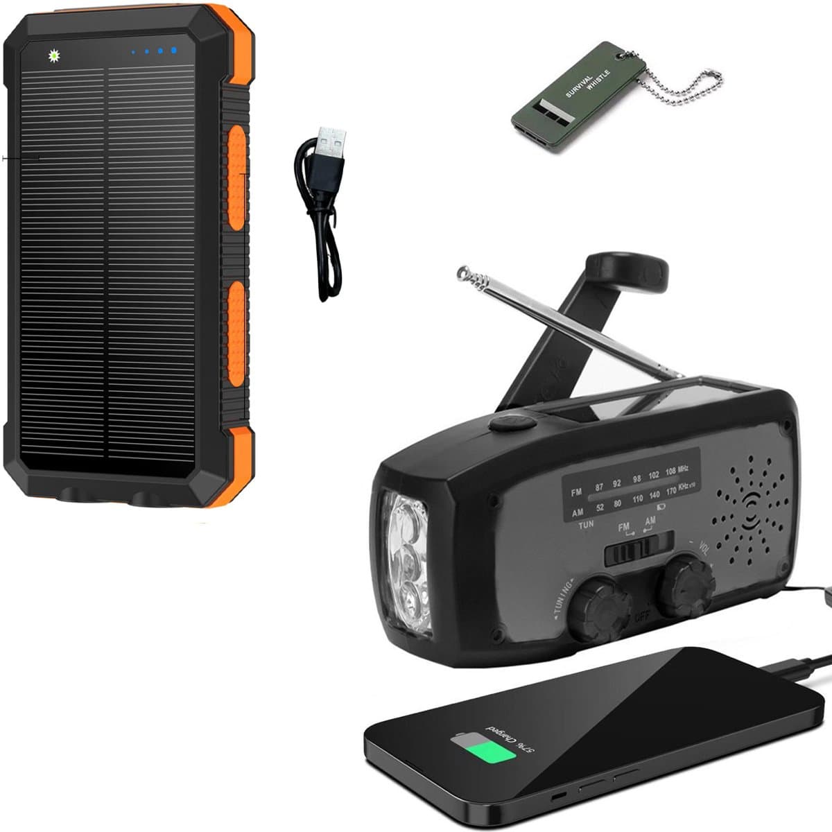 Noodradio Solar Opwindbaar en Batterij - Noodpakket - Draagbare Survival Radio - Inclusief 10.000 mAh Solar Powerbank en Noodfluit - Powerbank Zonneenergie - Bouwradio - Zaklamp - Zwart Grijs — afbeelding 1