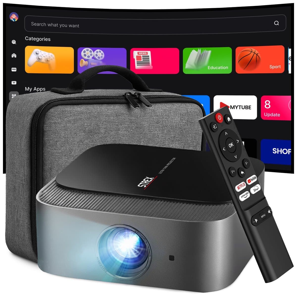 Strex Beamer - Smart 1080P Full HD Projector - 4K Ondersteuning - WiFi & Bluetooth - Ingebouwde Speakers - Draagbare Mini Beamer Thuisbioscoop - WhaleOS - Inclusief Opbergtas & Projectiescherm — afbeelding 1