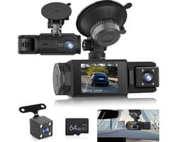 WiFi Dashcam voor Auto – 3-kanaals Draadloze Dashcam met App, Voor Binnenin Achter Camera, Full HD 1080P, 2” IPS-scherm, Nachtzicht, Bewegingsdetectie, Loopopname, 64GB-kaart Inbegrepen