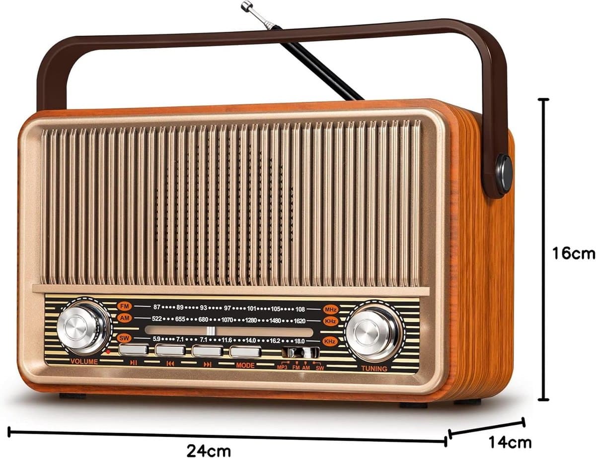 Vintage Radio - Nostalgische Radio - AM/FM/SW - Bluetooth - Draagbaar & Oplaadbaar - 1800 mAh - USB/TF/AUX - Geschikt voor Ouderen — afbeelding 1