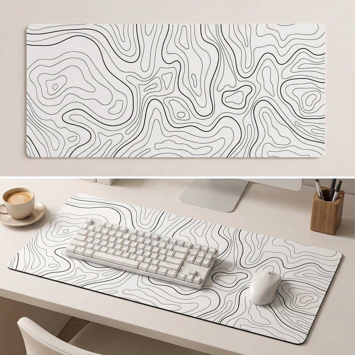 Witte XXL Muismat met Topografisch Design – 80x30 cm – Antislip – Voor Werk & Gaming — afbeelding 1