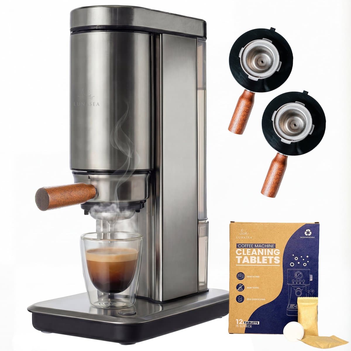 LunaSea® LunaPress - Espressomachine - Boiler Pressure Technology - Pistonmachine - RVS - Geschikt Voor Koffiecups - Inclusief Ontkalkingstabletten — afbeelding 1