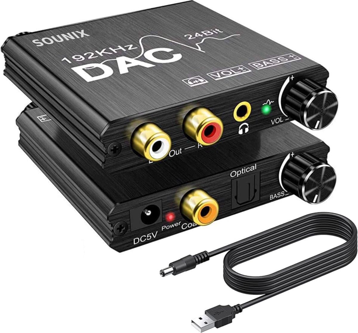 Sounix Digitaal naar Analoog Audioconverter 192KHz - Digital SPDIF/Optical/Toslink/Coaxial to Analog Stereo L/R RCA and 3.5mm Jack Converter-USB00117 — afbeelding 1