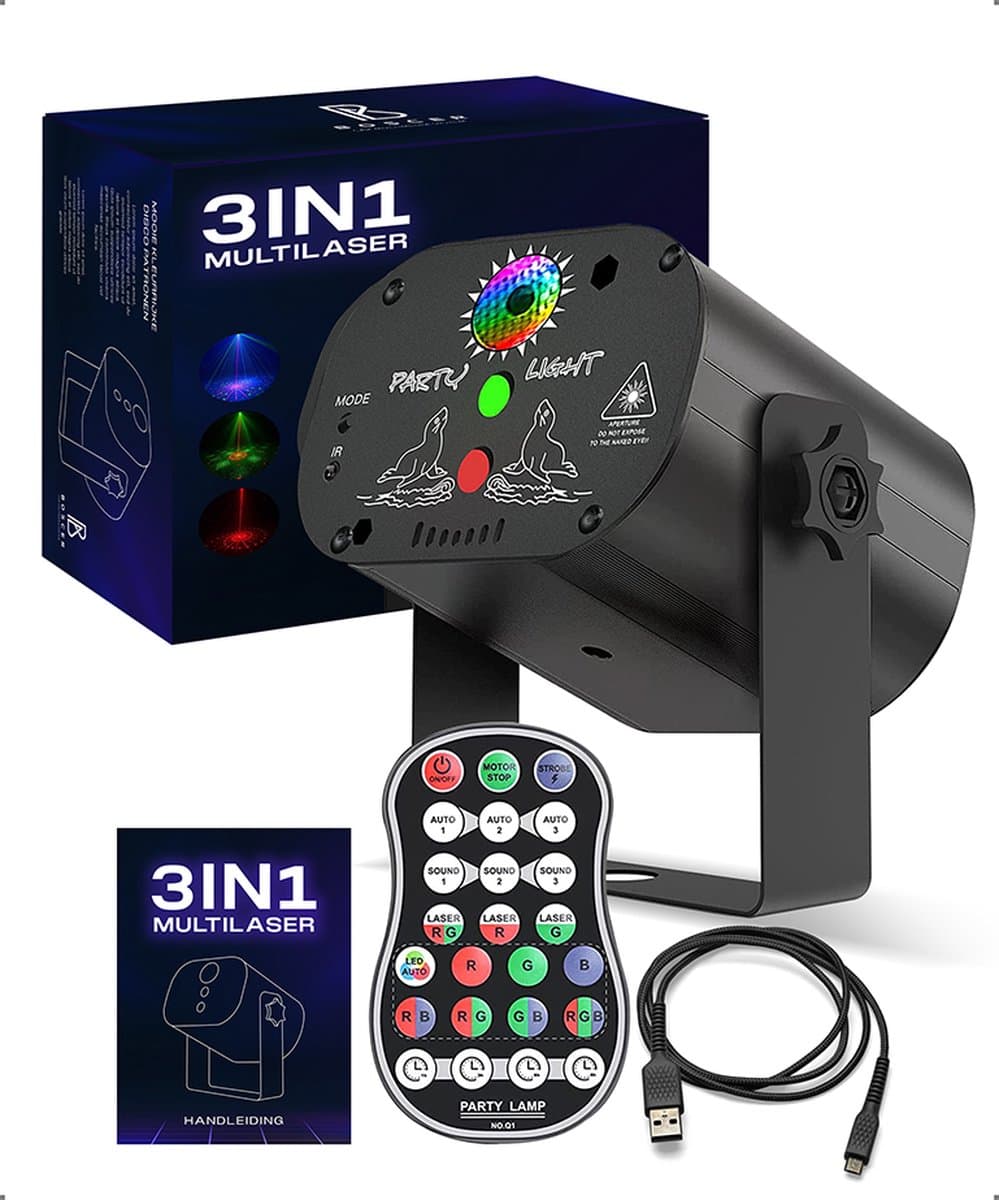 Boscer Disco Laser | 3 in 1 Multilaser | Stroboscoop & Parscoop effect | LED Disco | Party discolaser | Geluid gestuurd | Discolamp | Lichteffect — afbeelding 1