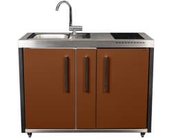 Minikeuken BeNeLux Stengel MO120 A voorgemonteerde metalen outdoor keuken met koelkast - inductie kookplaat - water en electriciteits aansluiting inclusief alle toebehoren Lava Bruin