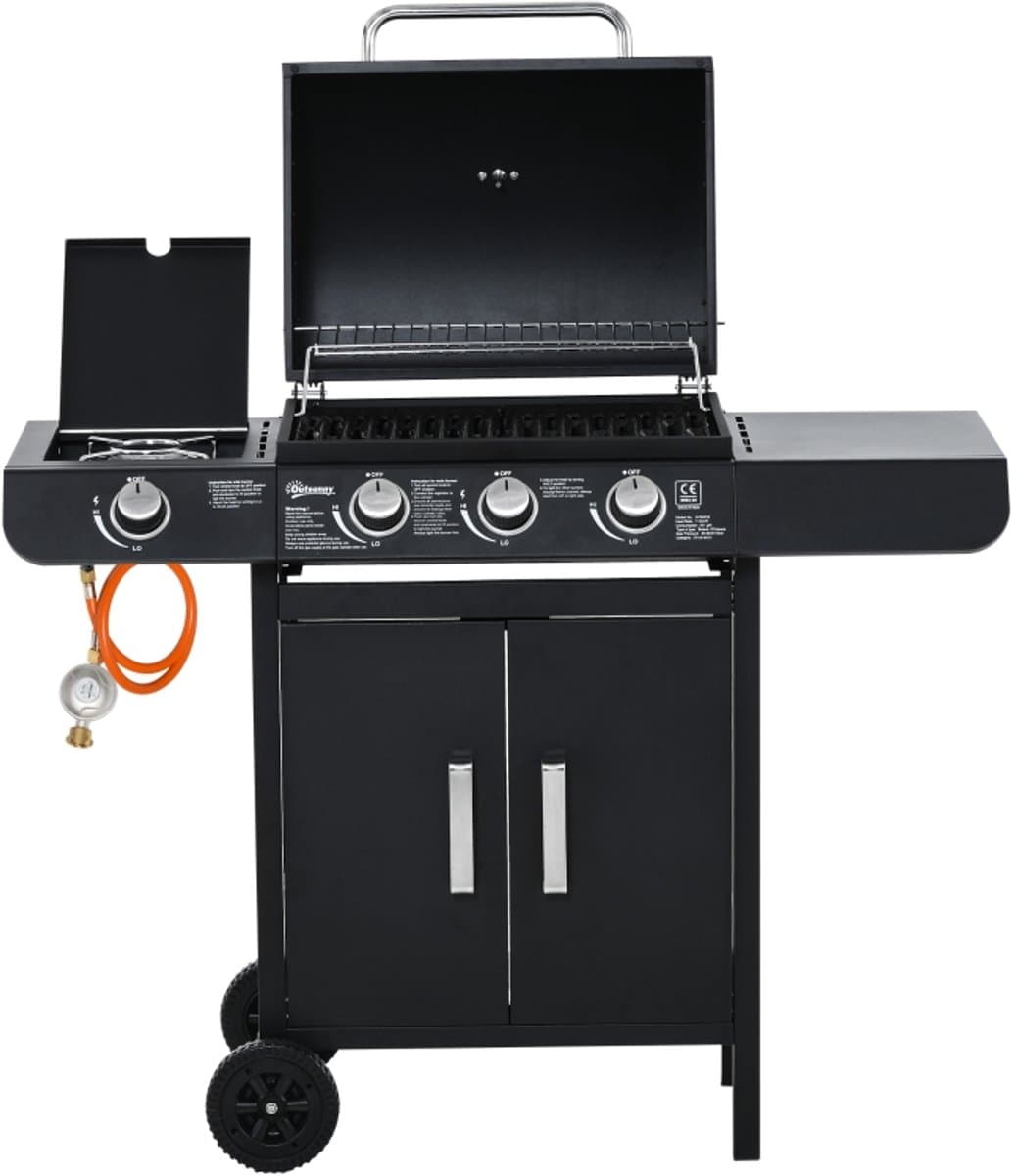 Gasbarbecue - BBQ Buitenkeuken - Gasgrill Wagen - 3 Branders - 1 Zijbrander - Inclusief Gasslang - Drukregelaar - Tuin - 110x50x100 cm - Buiten Koken - Zwart — afbeelding 1