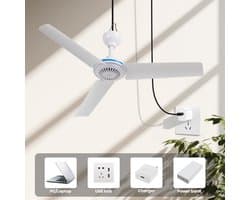 Plafondventilator - Draagbare Plafondventilator - Stille Ventilator - USB Aangedreven - met 3 Afneembare Ventilatorbladen - Wit