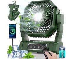 Campingventilator 20000 mAh - USB Oplaadbare Tafelventilator met LED Verlichting - Afstandsbediening - 4 Snelheden & 4 Timers - Stille Outdoor Ventilator met Ophanghaak - Voor Camping, Tent, Picknick en Reizen