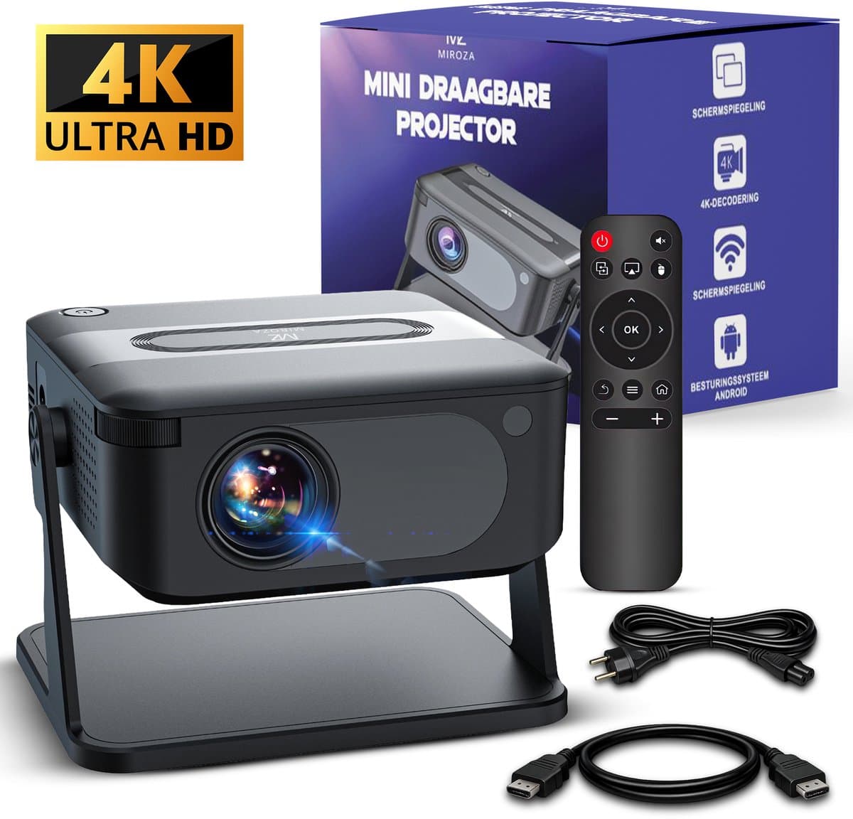 Miroza® Pro Mini Beamer Zwart - 4K Ultra HD Projector - Draagbare Beamer met Wifi 6 & Bluetooth 5.2 - Android 14 & IOS - YouTube, Netflix & Disney - Ingebouwde Speakers & 3 meter stekkersnoer — afbeelding 1