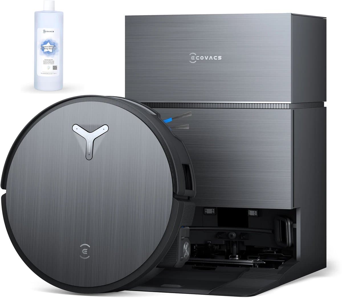 ECOVACS DEEBOT X11 PRO OMNI Robotstofzuiger – 19.500 Pa – PowerBoost snelladen–OZMO roller dweil –ZeroTangle 3.0 anti-haarwikkel –AI vlekdetectie 2.0 – OMNI 2.0 station Zelfreinigend – voor harde vloeren en tapijt-Zwart-1000ml Schoonmaakmiddel — afbeelding 1