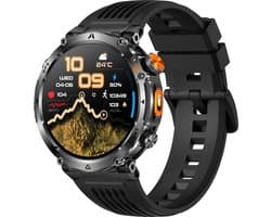 Knobbout GPS Smartwatch 1.7" (4,3 cm) Scherm met LED Zaklamp – 850mAh Batterij | IP68 Waterdicht | Kompas, Hoogtemeter & Barometer | Outdoor Sport Horloge met Bluetooth Bellen - Zwart