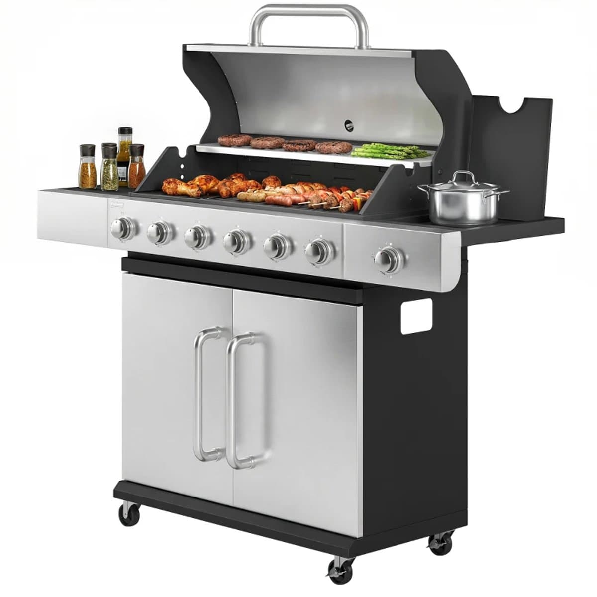 Gasbarbecue - Gasbarbecue en grill - 6+1 Branders - 18,6 kW - Grillwagen - Barbecuewagen - met Grillrooster, Wielen, Bijzettafels, Slangen, Thermometer en Warmhoudplaten - 142 x 49 x 111 cm - Zwart + Zilver — afbeelding 1