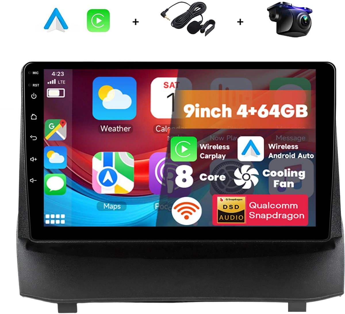 Boscer 2 Din Autoradio - Geschikt voor Ford Fiesta (2009-2014) - Draadloos Apple CarPlay & Android Auto - 8-Core Snapdragon - 9 Inch HD Touchscreen - Android 15 - 4+64GB - Interne Koeling - WiFi & Bluetooth - Camera & Microfoon — afbeelding 1