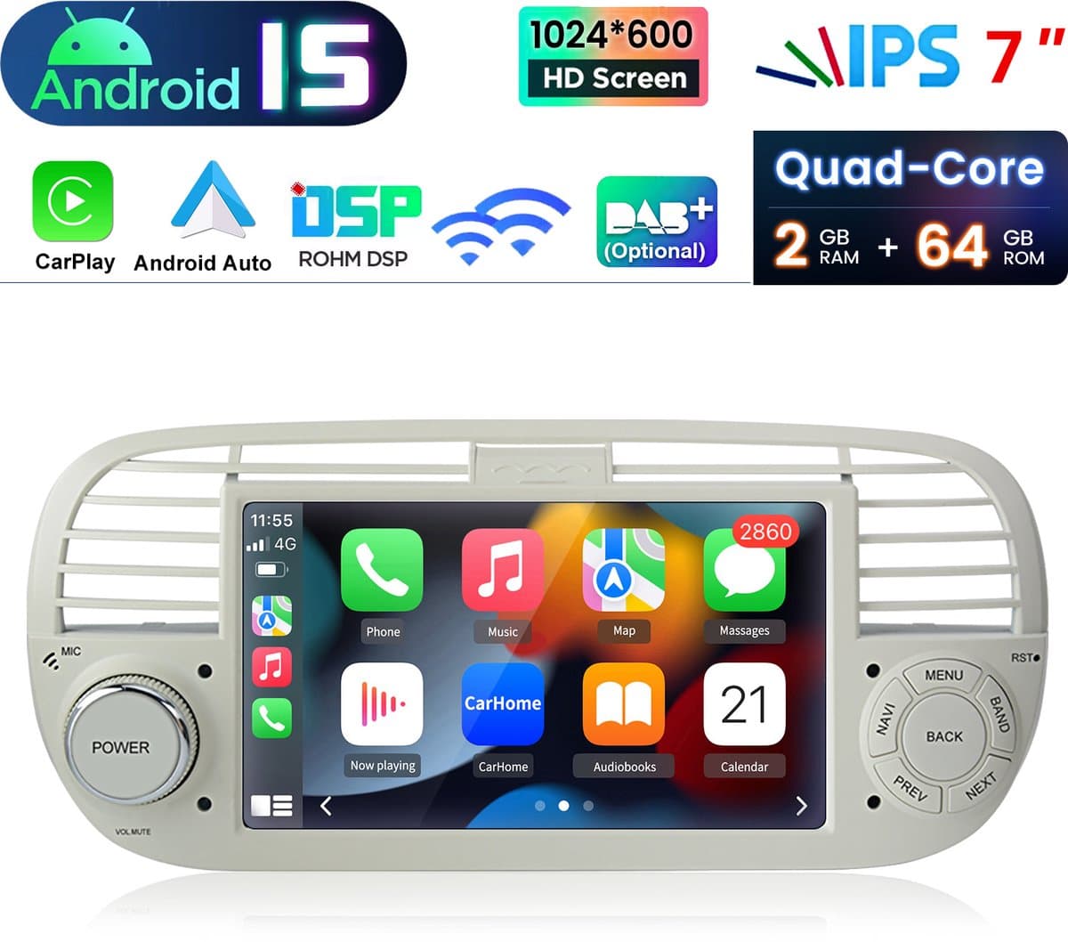 HexinexMarket Quad-Core autoradio Geschikt voor Fiat 500 (2007-2015) - Draadloos CarPlay, Android Auto, GPS Navi, multimediaspeler, 2GB+64GB, Wit — afbeelding 1
