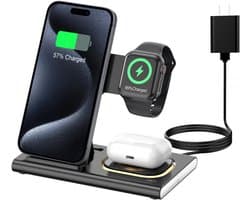 3-in-1 oplaadstation geschikt voor iPhone 17 – Draadloze oplader geschikt voor Apple-apparaten (iPhone 17, 16, 15, 14, 13, 12, 11 Pro Max) – Opvouwbare draadloze oplaadstandaard geschikt voorApple Watch-series en AirPods(5 stuks)