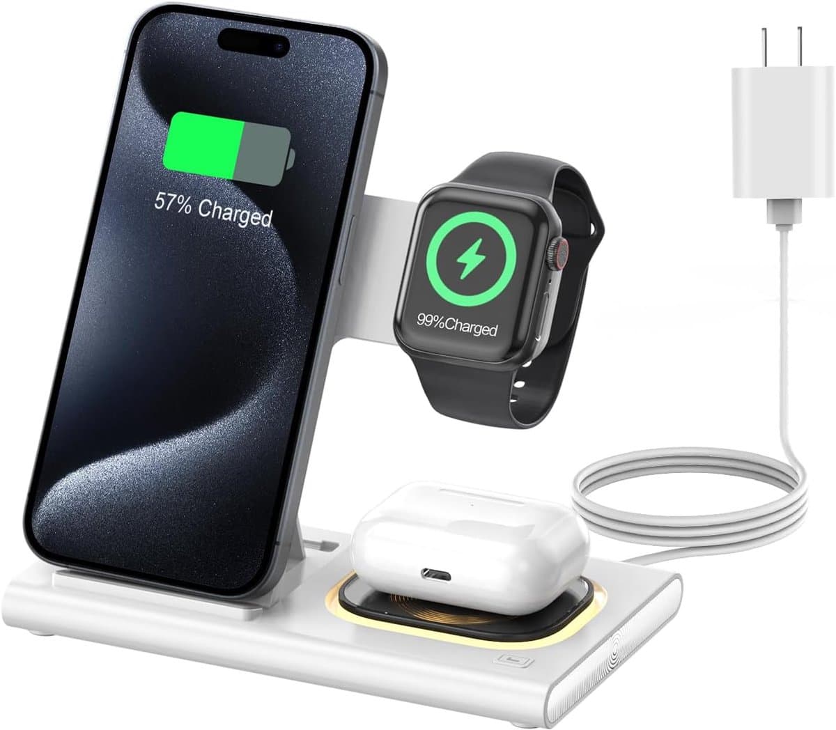 Opvouwbaar 3-in-1 oplaadstation geschikt voor Apple-producten, draadloze oplader voor iPhone 17 16 15 14 13 12 Pro Max, reisdock met adapter en licht voor iWatch Series 11 10 9 Ultra 3/2 SE 3/2, geschikt voorAirPods 4 3 2 Pro 3/2 — afbeelding 1