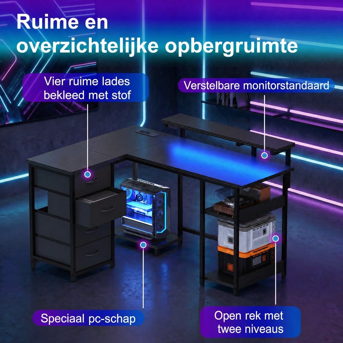 Devoko L-Vormig Gaming Bureau 135 x 50/40 x 73.5/88.5 cm – Met RGB LED-Lichtstrook – 12 mm E1 Spaanplaat – Koolstofvezel Zwart – Inclusief EU Stekkerdoos met 2 USB – Zwart — afbeelding 1