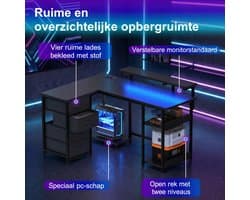 Devoko L-Vormig Gaming Bureau 135 x 50/40 x 73.5/88.5 cm – Met RGB LED-Lichtstrook – 12 mm E1 Spaanplaat – Koolstofvezel Zwart – Inclusief EU Stekkerdoos met 2 USB – Zwart