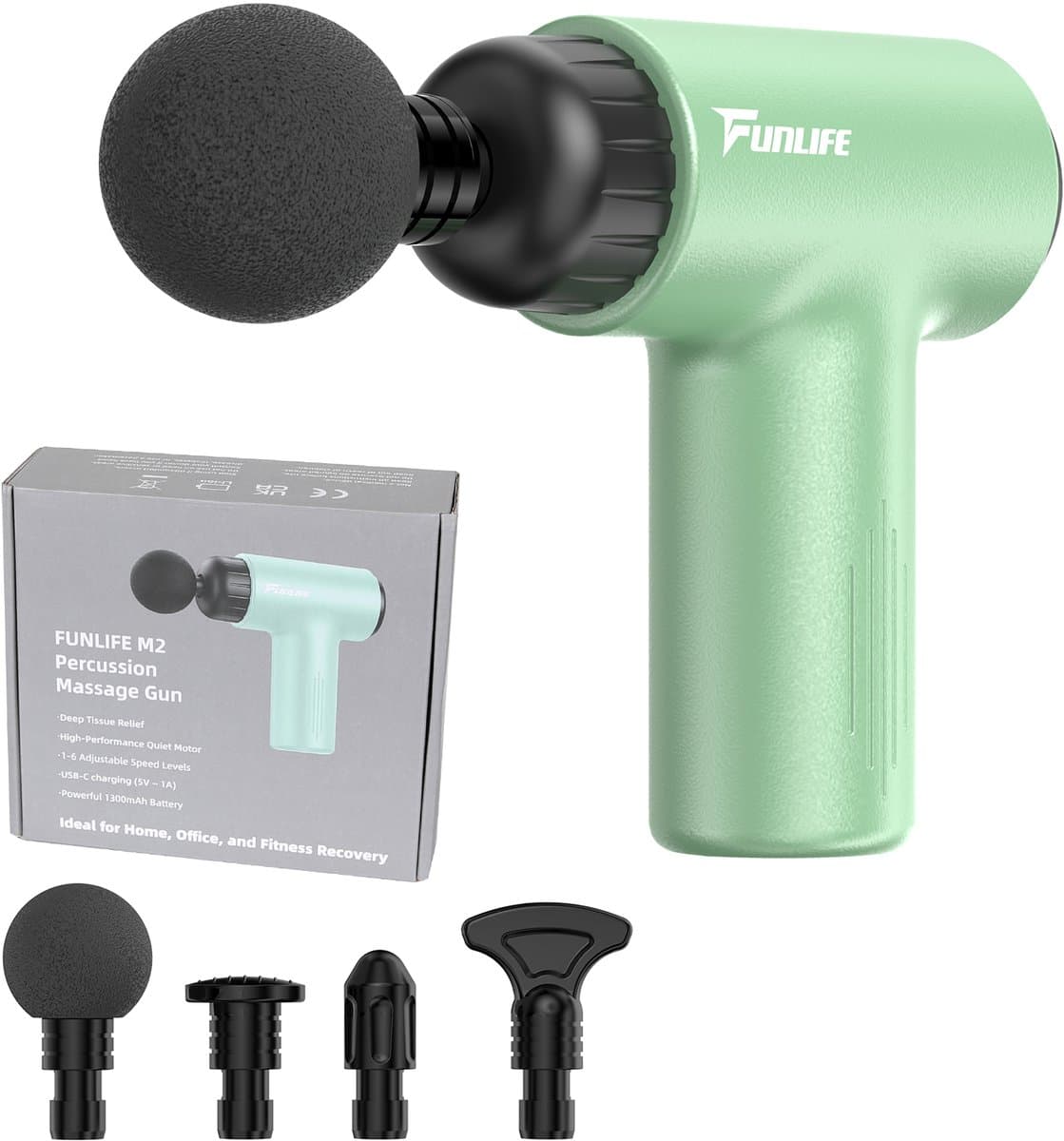Funlife M2 Mini Massage Gun Mintgroen - Compact Massagepistool 0,5 kg - Fluisterstil <45 dB - 6 Intensiteitsstanden - 4 Massagekoppen - Draadloos — afbeelding 1
