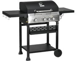 Gasbarbecue - Gasbarbecue en Gasgrill - 4 Branders & 1 Zijbrander - Grillwagen - met Grillrooster, Wielen, Bijzettafels, Drukregelaar, Slangen, Thermometer en Warmhoudplaten - 123 x 52 x 101 cm - Zwart
