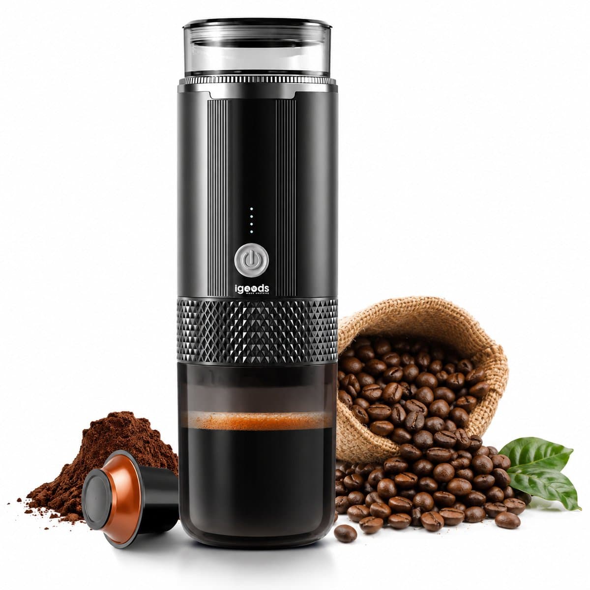 Igoods Draagbare Koffiemachine - Koffiezetapparaat voor Onderweg - 2-in-1 Reis Espresso Apparaat - Werkt op Batterijen en USB - Voor Cups en Gemalen Koffie - Cadeau voor Kampeerders en Reizigers - Reisaccessoire - Zwart — afbeelding 1