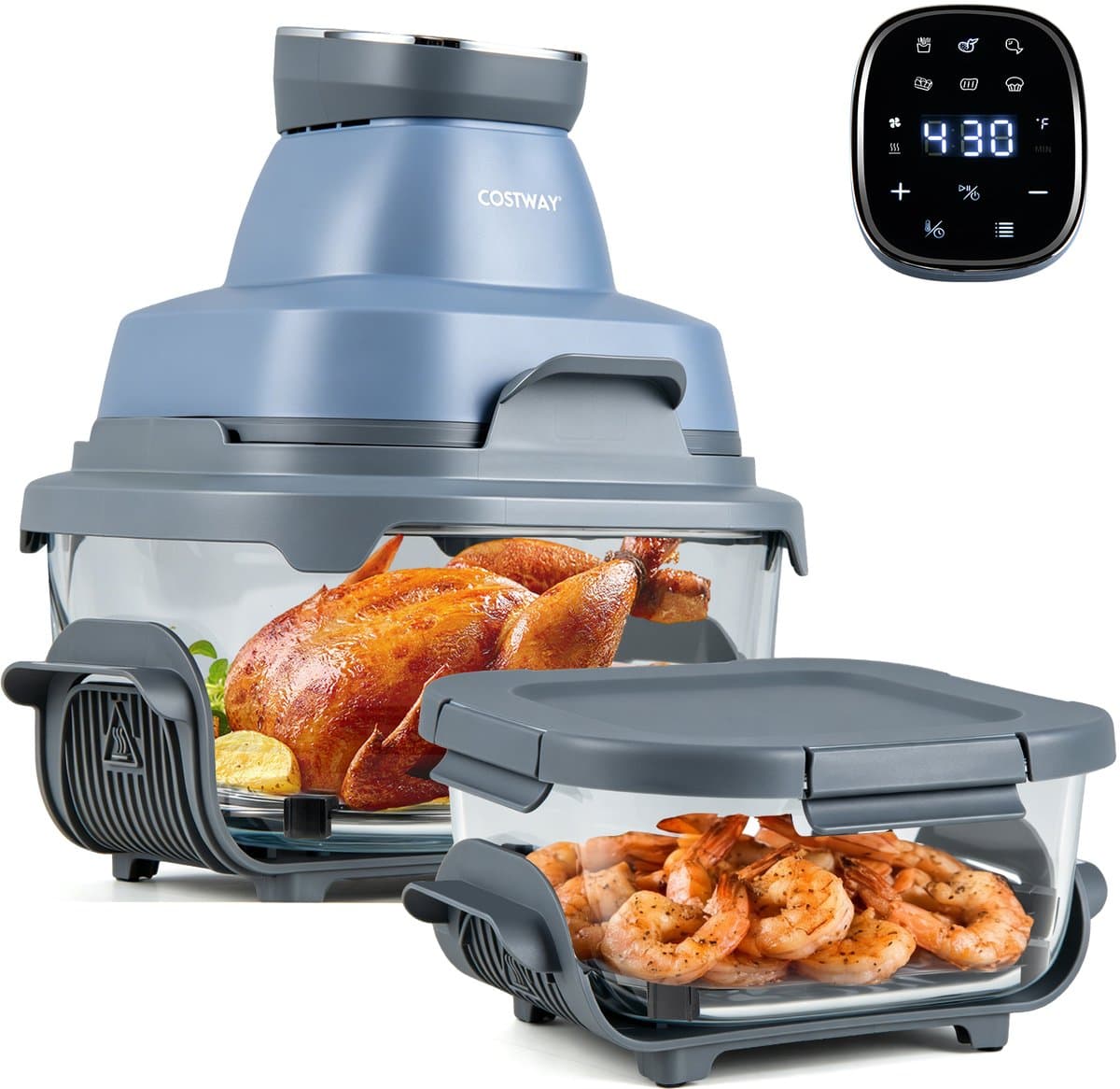COSTWAY Draagbare Air Fryer heteluchtfriteuse 4 l/1,7 l, 6-in-1 Airfryer 1500 W heteluchtfriteuse en bakken, heteluchtfriteuse met 2 uitneembare glazen containers en deksel, voor camping, thuis (blauw) — afbeelding 1