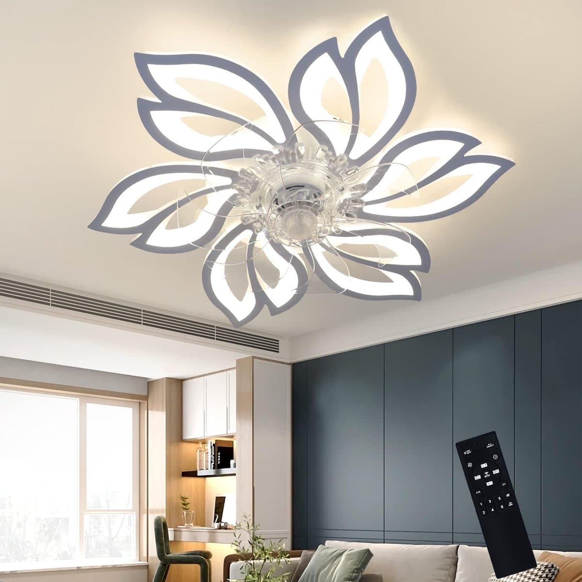 Glitzerlife - Plafond ventilator met verlichting - Dimbare LED ventilator lamp plafond - Stille plafondventilator Afstandsbediening - Zomer winter functie - Acryl design - Ø66cm - Wit — afbeelding 1