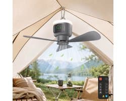 Rosnek Draagbare Campingventilator met LED Verlichting - 12000mAh Oplaadbare Tentventilator - Plafondventilator met Afstandsbediening & Timer - Plafondlampen met ventilator Ø 45cm - 4 Snelheden - Grijs
