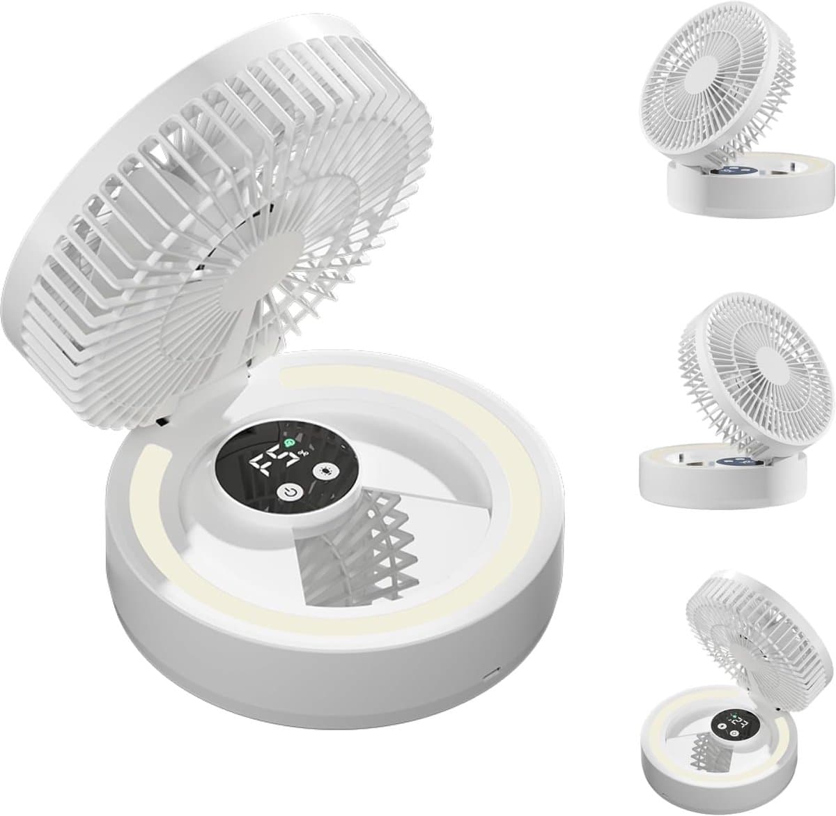 Ulisem - Staande ventilator - 5 snelheden - 1800mAh oplaadbaar - Met make-upspiegel en verlichting - Ingebouwde timer - Opvouwbaar en draagbaar - Voor slaapkamer en kantoor - Wit — afbeelding 1