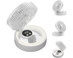 Ulisem - Staande ventilator - 5 snelheden - 1800mAh oplaadbaar - Met make-upspiegel en verlichting - Ingebouwde timer - Opvouwbaar en draagbaar - Voor slaapkamer en kantoor - Wit