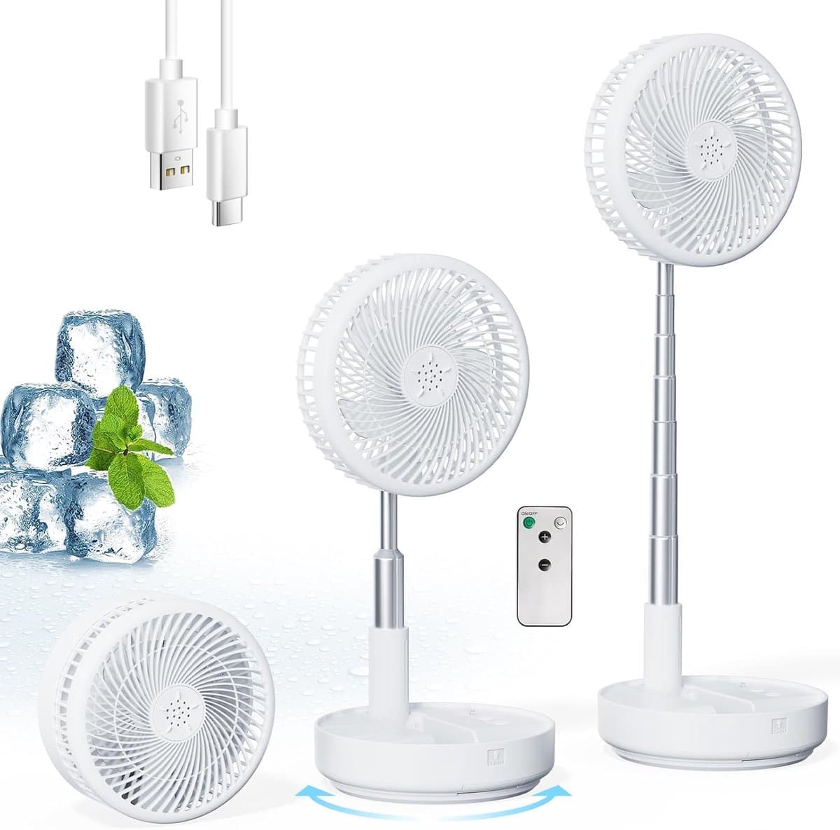 Ulisem - Oscillerende ventilator - 4 snelheden - 7200mAh oplaadbaar - Met afstandsbediening - Hoogte verstelbaar 10-99 cm - 8 inch - Wit - USB-C - Geschikt voor slaapkamer en reizen — afbeelding 1