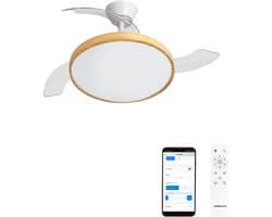 CREATE - Plafondventilator 40W stil met intrekbare bladen met licht - Ø108cm - Wit / Licht hout - WIFI + Afstandsbediening - WIND CLEAR STUDIO
