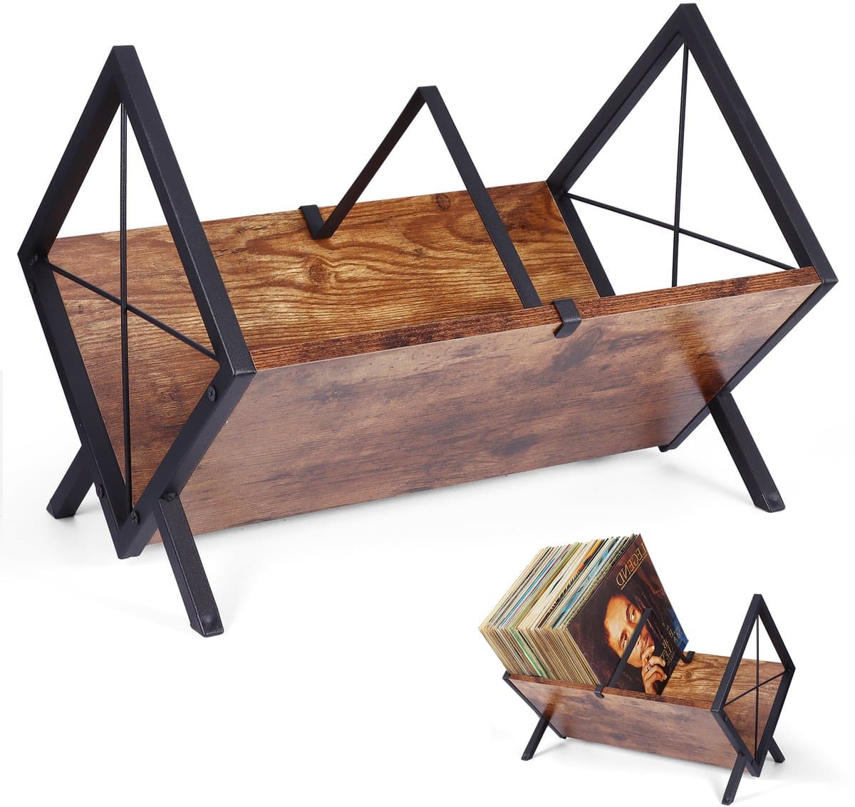 Lemlit LP Platenrek 40 x 22 x 30 cm - Vinyl Platenhouder met Verstelbare Verdelers - Opbergstandaard voor LP’s CD’s en Tijdschriften - Bruin Zwart — afbeelding 1