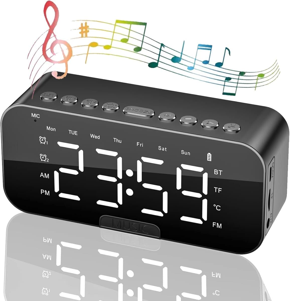 Bedside Alarm Clock, Alarm Clock Radio with Bluetooth Speakers, Digital Alarm Clock for Bedroom, Portable Mirror Alarm Clock with Dual Alarm, Snooze, LED Display, 3 Levels Adjustable Dimmable, USB Rechargeable — afbeelding 1