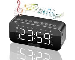 Bedside Alarm Clock, Alarm Clock Radio with Bluetooth Speakers, Digital Alarm Clock for Bedroom, Portable Mirror Alarm Clock with Dual Alarm, Snooze, LED Display, 3 Levels Adjustable Dimmable, USB Rechargeable