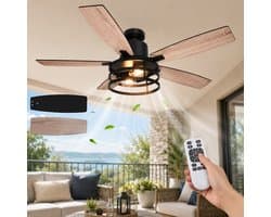 MUPOO Extra Groot Plafondventilator met Verlichting 132cm-Energiezuinige DC Motor&Afstandsbediening-Muisstil <35DB- Zomer-en winterstand-6 Snelheden & Timer--ventilator lamp plafond voor Veranda,Overdekt terras & Keuken-Walnoot