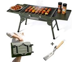 KHYR® CARRYFIRE BBQ Grill – NIEUW mei 2026 - Opvouwbare Draagbare Houtskool BBQ Grill – Portable Camping Barbecue – Tafel Barbeque - Draagbare Grill met Zijtafels – 45 x 30 cm Grilloppervlak – Voor Camping, Tuin, Outdoor BBQ - incl. Grijp spatel