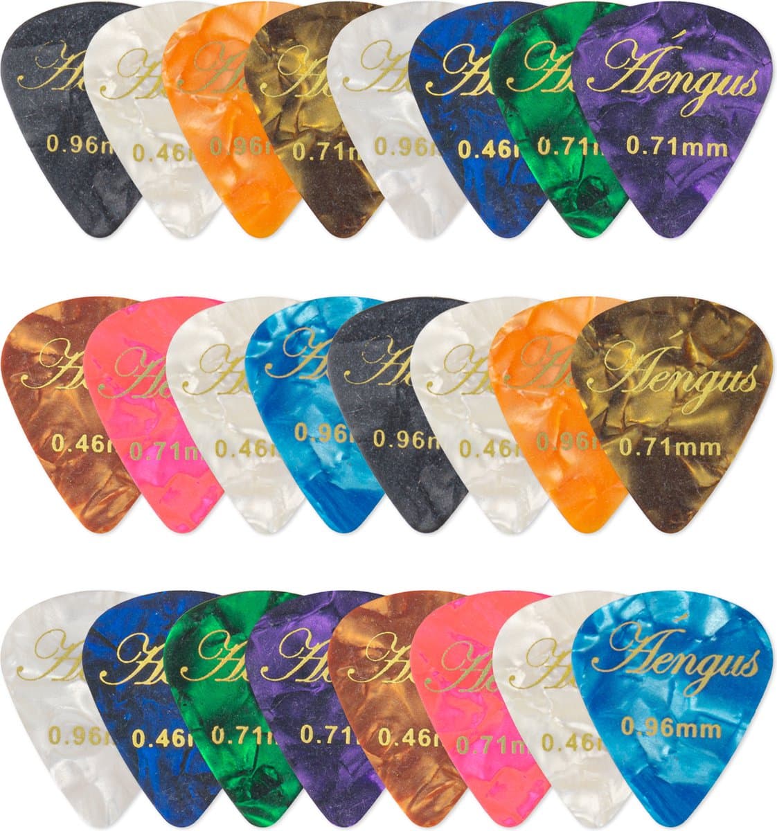 Celluloid plectrum set - 24 stuks - diktes thin 0.46, medium 0.71 en thick 0.96 mm — afbeelding 1