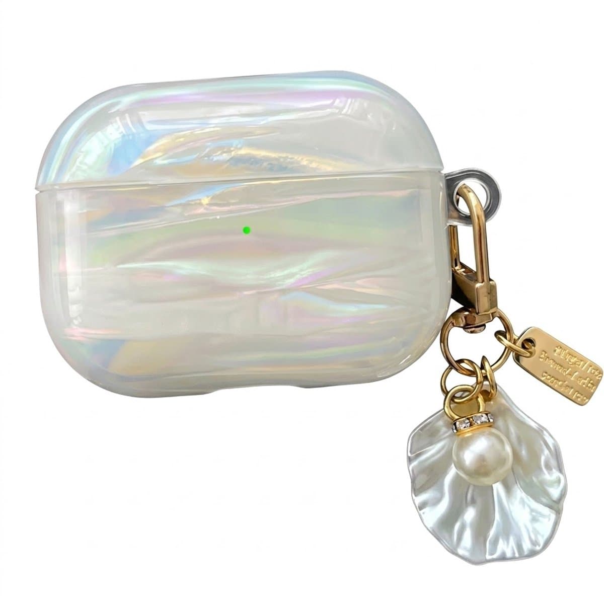 Transparant parelmoer hoesje voor oordopjes dames met schelp patroon en decoratieve hanger geschikt voor AirPods Pro 2 met iriserende afwerking en clip — afbeelding 1