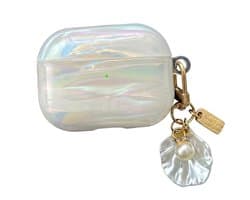 Transparant parelmoer hoesje voor oordopjes dames met schelp patroon en decoratieve hanger geschikt voor AirPods Pro 2 met iriserende afwerking en clip