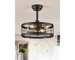 Industriële Plafondventilator met Verlichting in Zwarte Kooi - Stijlvolle Ventilator met Afstandsbediening