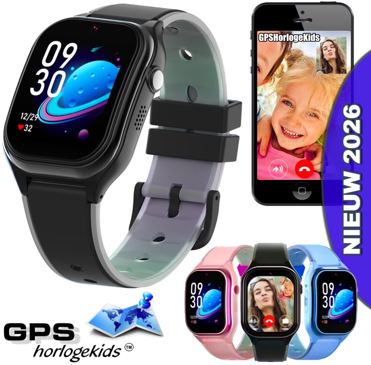 GPSHorlogeKids© - smartwatch kinderen - GPS horloge kind - kleinste model 2026 - kinder smartwatch - 4G videobellen - SOS alarm – veilige zone - klasse tijd - alarm - spatwaterdicht - hartslag - incl. SIM - CURVE zwart — afbeelding 1