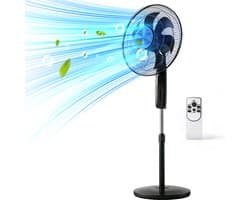 Staande ventilator 60W - Statiefventilator met 6 Snelheden - Vloerventilator met met Afstandsbediening - Ventilator in Hoogte Verstelbaar 110 tot 125 cm - Timer - Kantelbaar en Oscillerend - 53dB - Zwart
