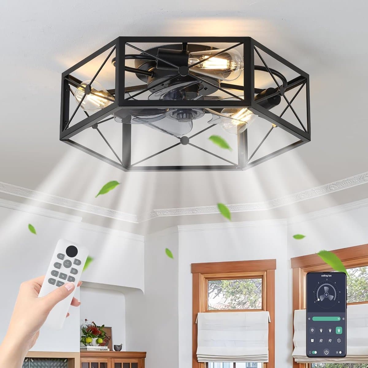 Industriële Plafondventilator - Met Afstandsbediening & APP - Stille 6 Lucht Richtingen - E27 - Zwart - 50 cm - Kroonluchter Ventilator - Chandelier Fan - Woonkamerlamp - Ventilator Lampen — afbeelding 1